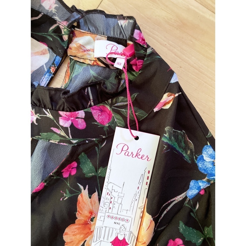 Nwt Parker Floral Mock Neck Smocked Waist Black Calla Long Sleeves Dress Small — image 3 of 8